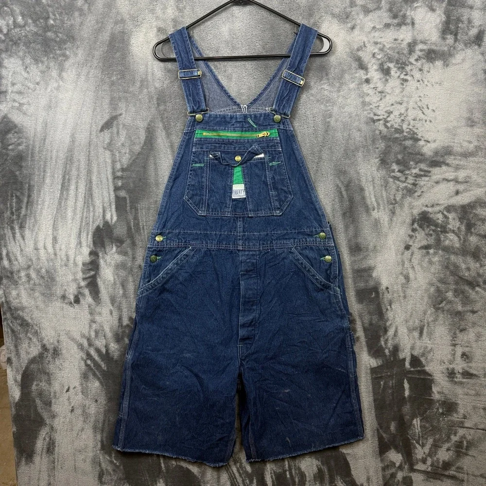 Liberty Denim Bib Overalls Mens 36 Blue Good Cut Off Shorts Green Zip Workwear